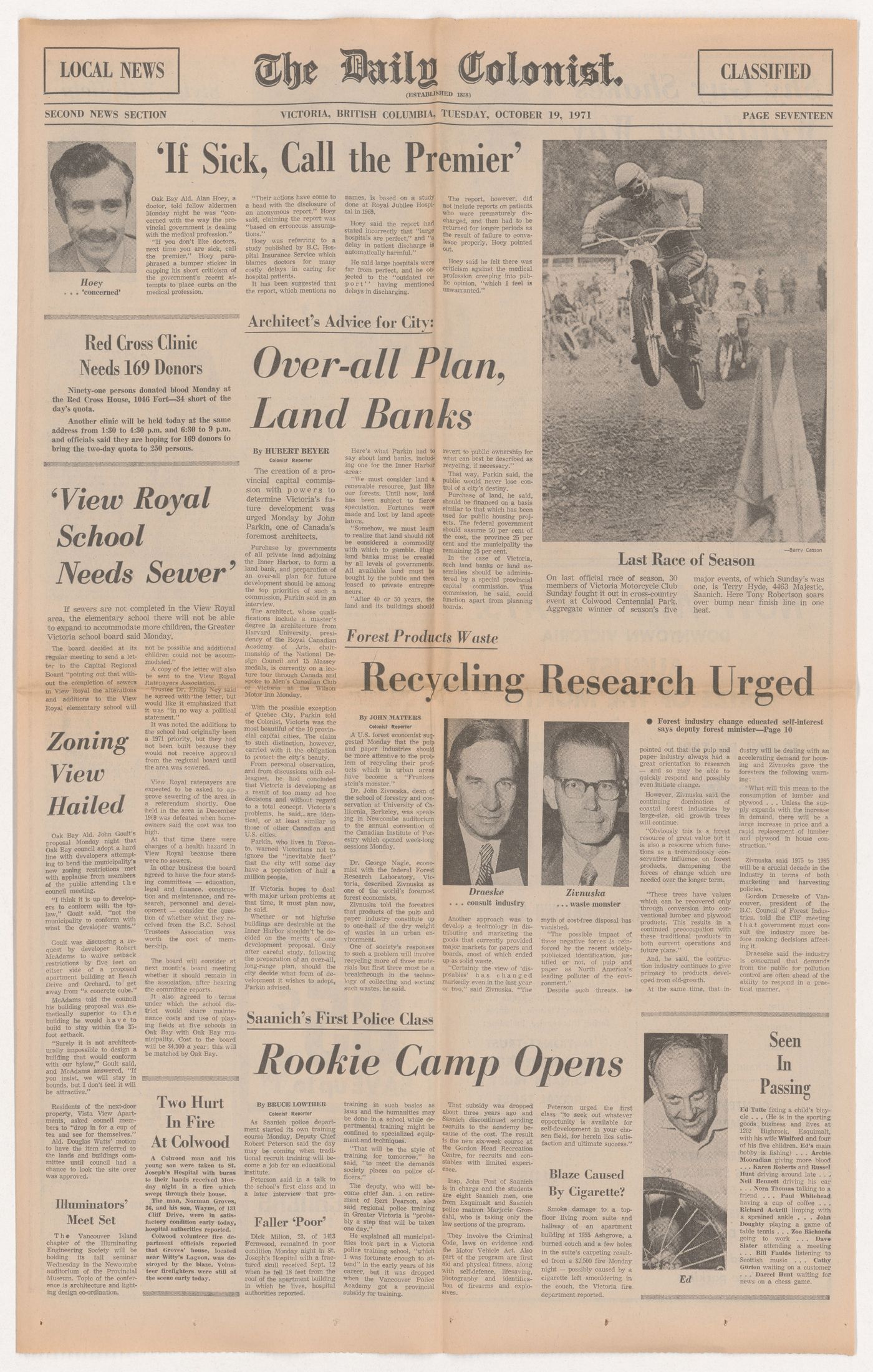 The Daily Colonist newspaper pages with "Architects Advice for City: Over-all Plan, Land Banks" article on Parkin's address to the Men's Canadian Club of Victoria on land use and property ownership in Victoria