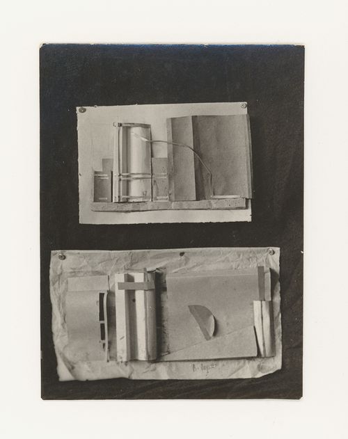 Photograph of student models by V. Goriats [?] and an unidentified student on the topic "Construction of Frontal Surface Based on Vertical, Horizontal and Inclined Combination of Two or More Rhythmical Rows" for the "Space" course at the Vkhutemas, Moscow