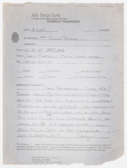 Correspondence from the American Institute of Architects - Orange County for the exhibition Olmsted: L'origine del parco urbano e del parco naturale contemporaneo