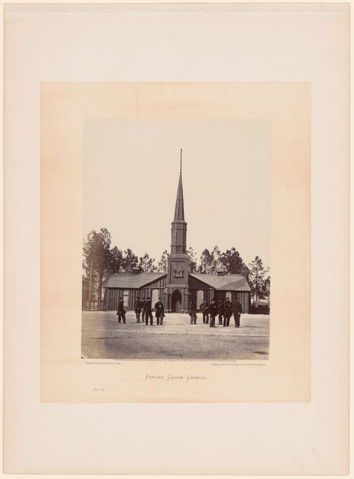 View of Poplar Grove Church with soldiers in the foreground, Petersburg, Virginia, United States