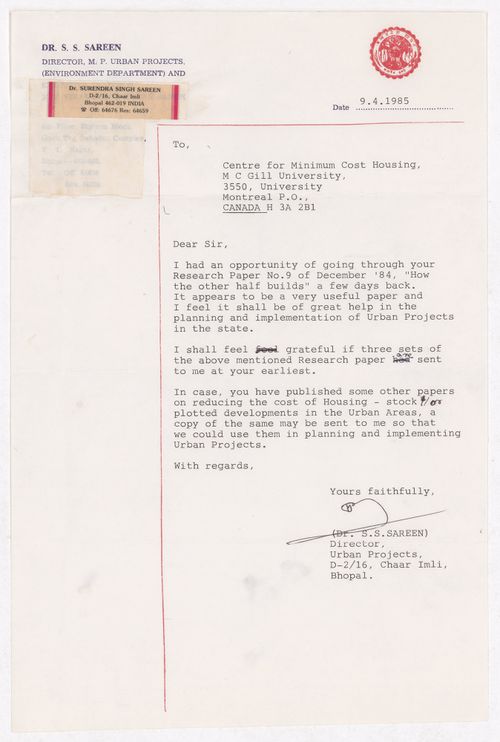 Letter of Dr S.S. Sareen to Vikram Bhatt about the publication "How the Other Half Builds"