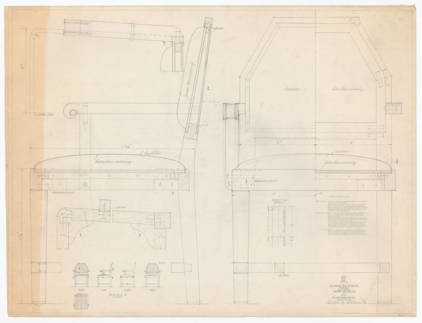 Plan, élévations, coupes et détails de la chaise "N" pour Cour suprême du Canada, Ottawa, Ontario