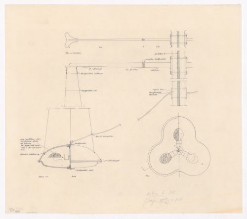Plans and a section for lighting fixtures with specifications, Göteborgs rådhusets tillbyggnad [courthouse annex], Göteborg, Sweden