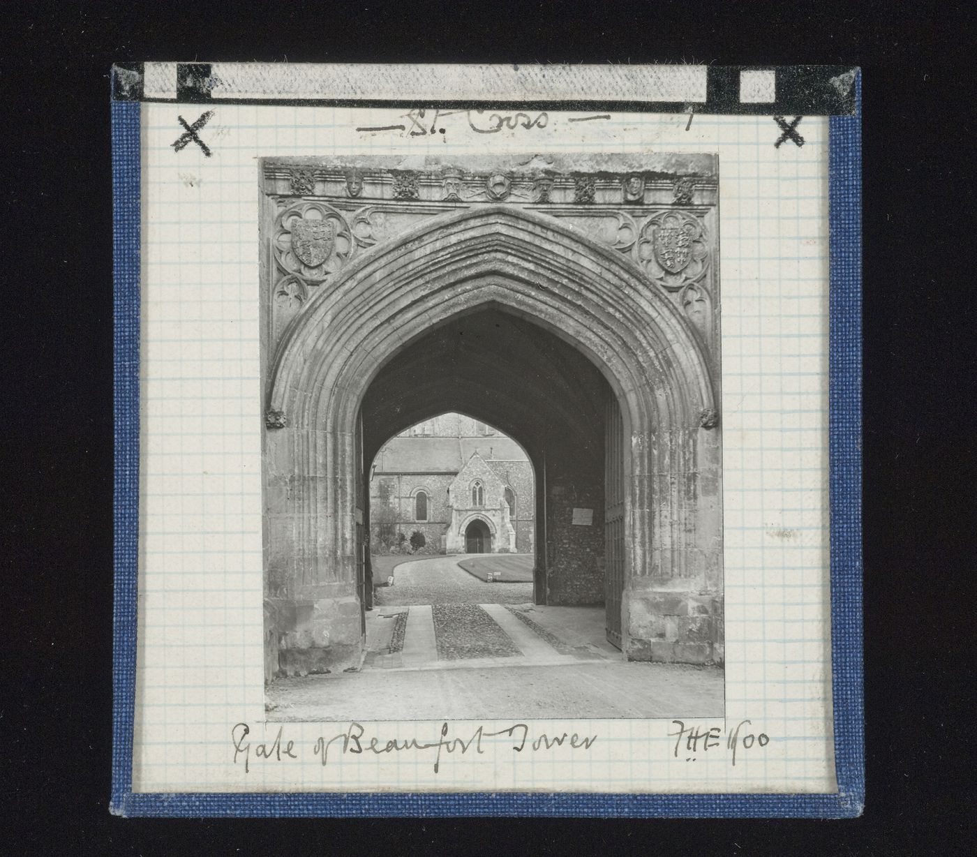 View of gateway of Beaufort Tower, St. Cross Church, Winchester, Hampshire, England
