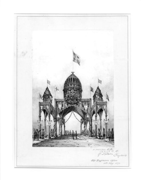 Perspective for a temporary welcome arch for the visit of the Marquess of Lorne and Princess Louise to Toronto, September 1879