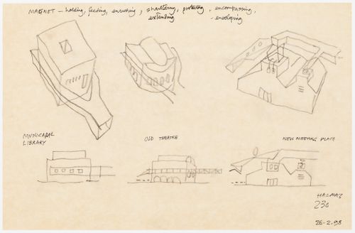 Halmag: sketches for "magnets" at the Municipal Library, Old Theatre and "a New Meeting Place"