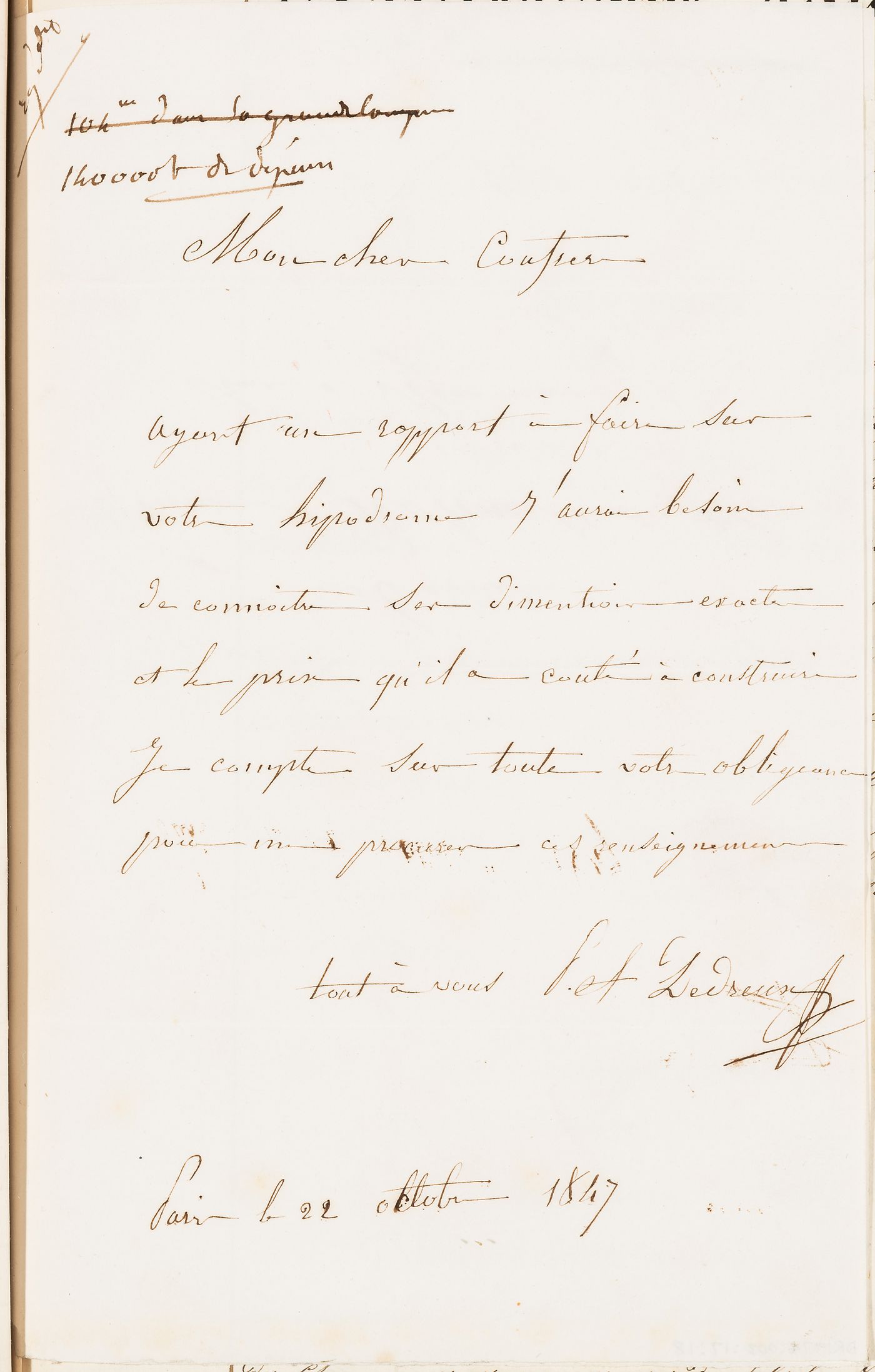 Letter from an unidentified correspondent to Charles Rohault de Fleury, 22 October 1847