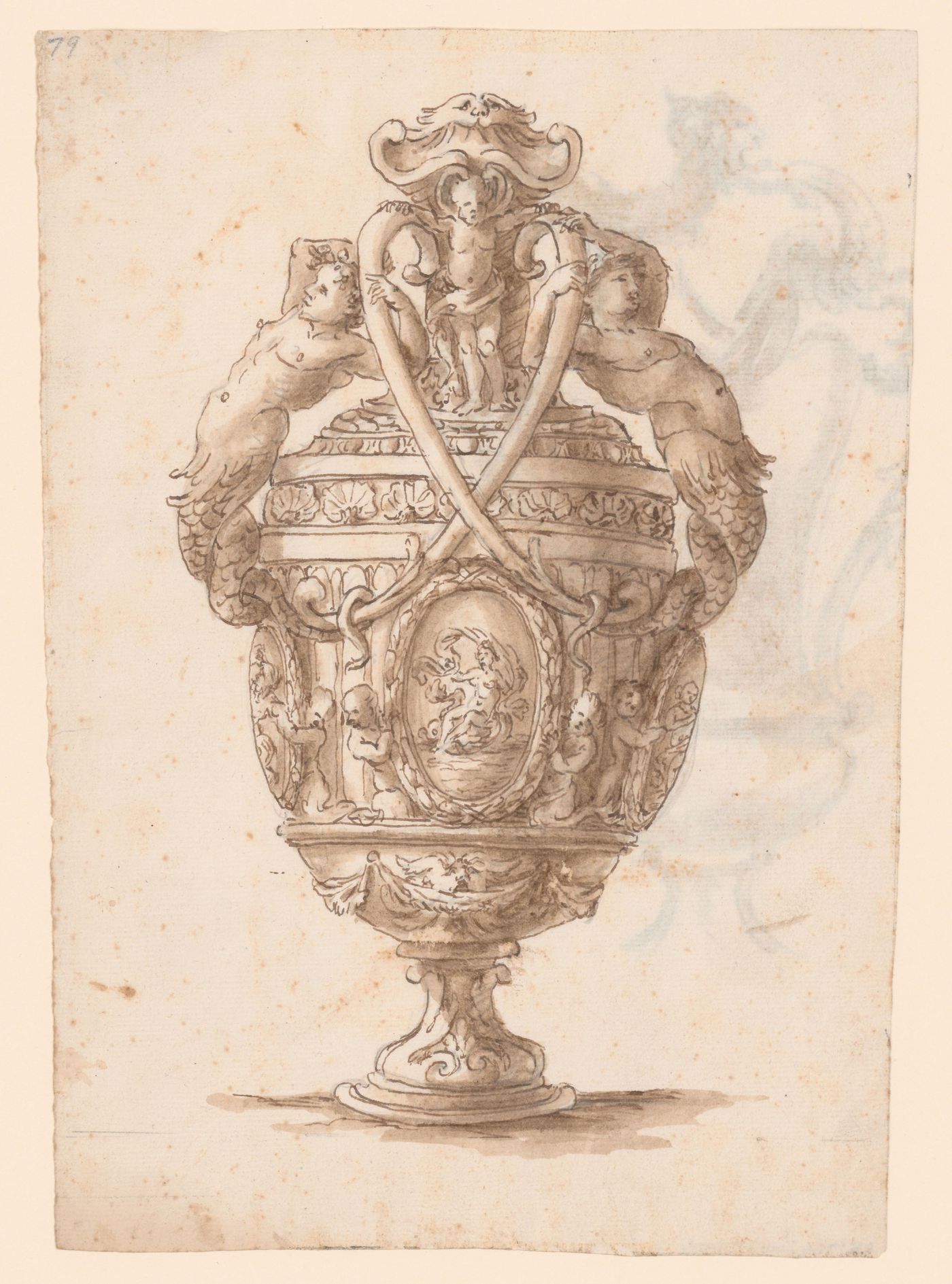 Drawing for an ornamental vase with galatea and tritons; verso: Sketch for an ornamental vase