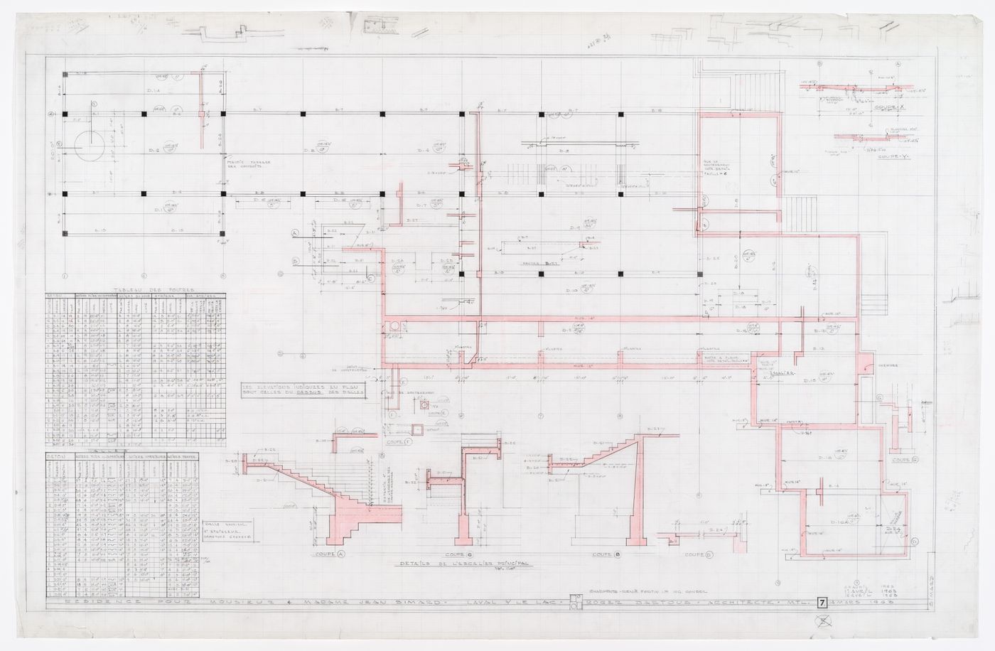 Plan des fondations et détails de l'escalier principal pour Résidence Jean Simard, Laval-sur-le-Lac, Québec