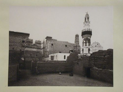 View within peristyle court looking north towards Temple of Amun, First Pylon, and Mosque of Yusuf Abu al-Hajjaj, Luxor, Thebes, Egypt