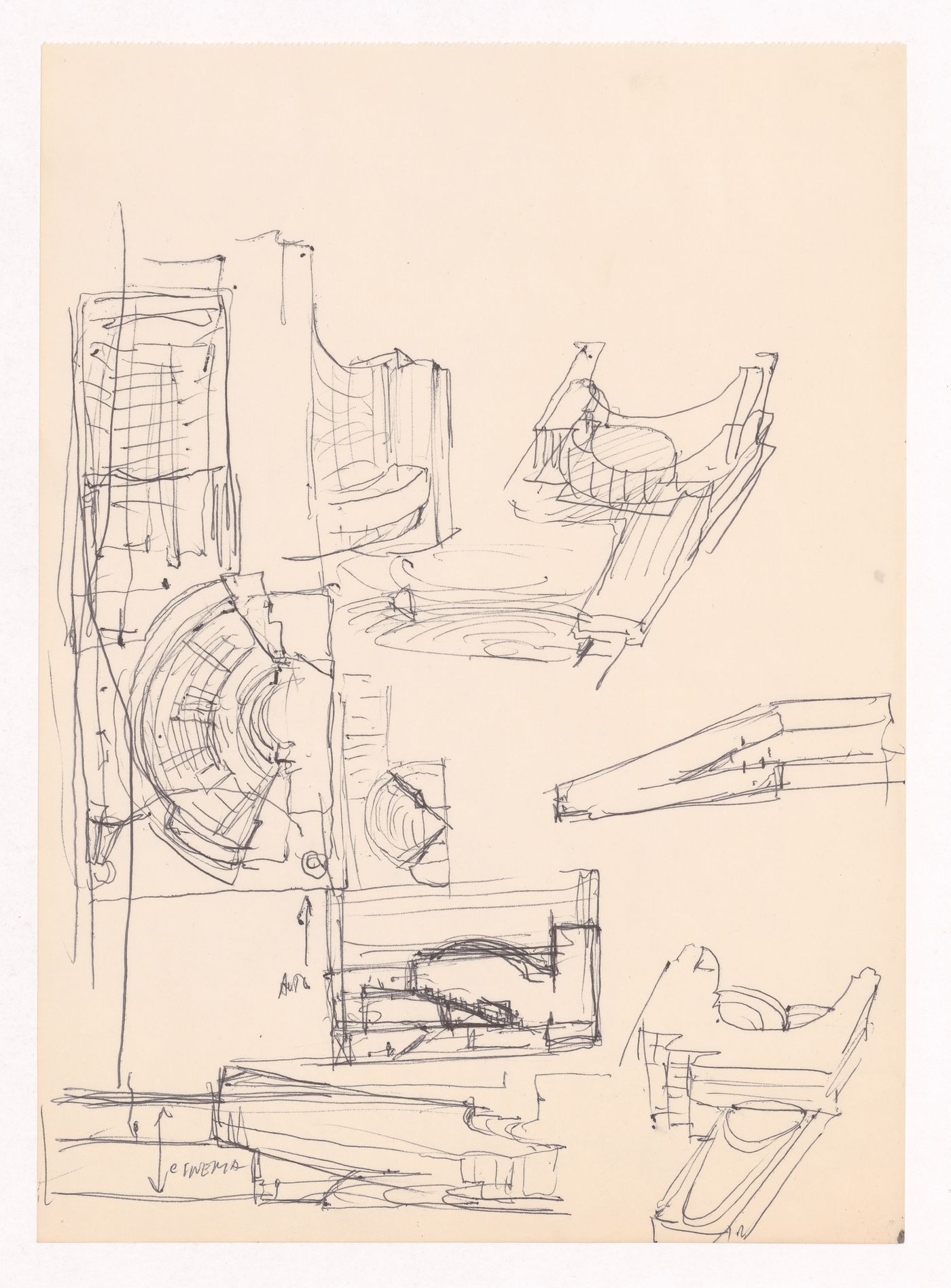Sketch axonometric views, sections and perspectives for Cinema Teatro Edifício Av. de Roma, Lisbon, Portugal