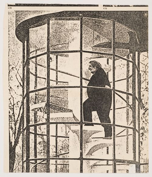 Clipping of a view of James Stirling on the spiral staircase of Leicester University Engineering Building