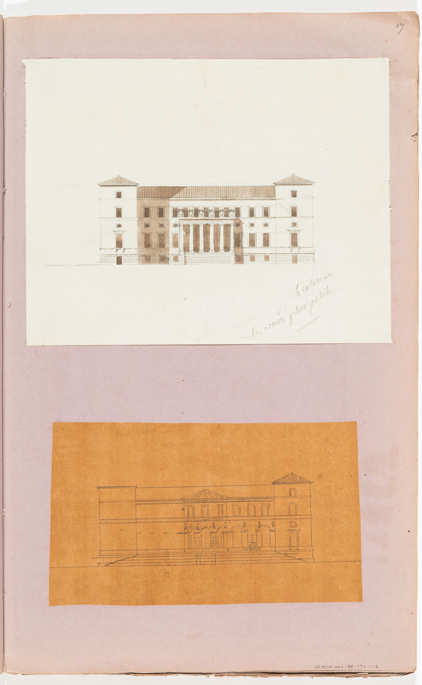 Elevations for a country house with a circular salon; verso: Sketch elevation for a country house for comte Anglès