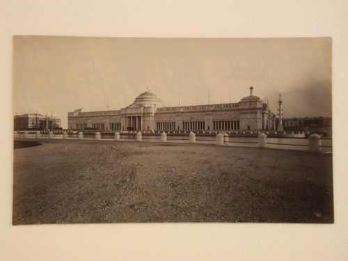 View of the north façade of the Agricultural Building under construction from across the Grand Basin, 1893 Chicago World's Columbian Exhibition, Chicago, Illinois