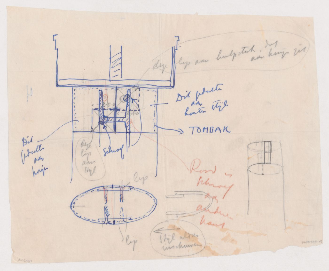 Sketch sections for joinery details, possibly for the Shell Building, The Hague, Netherlands