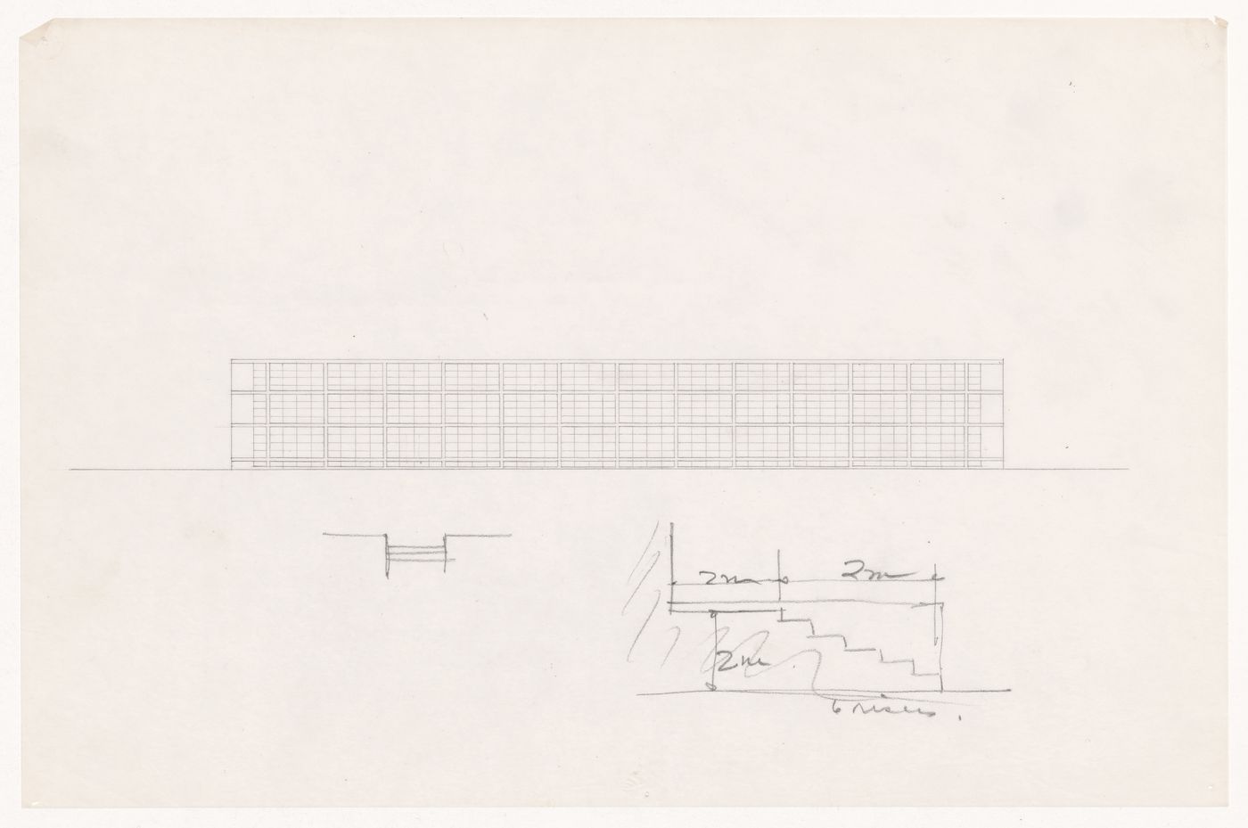 Elevation for a three storey building, with detail sketch for stairs and sketch plan for Illinois Institute of Technology
