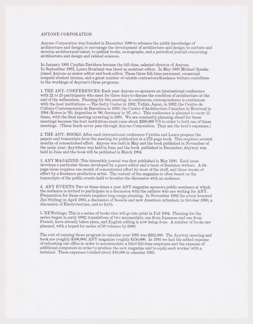 A description of the wide range of activities and publications produced by Anyone Corporation