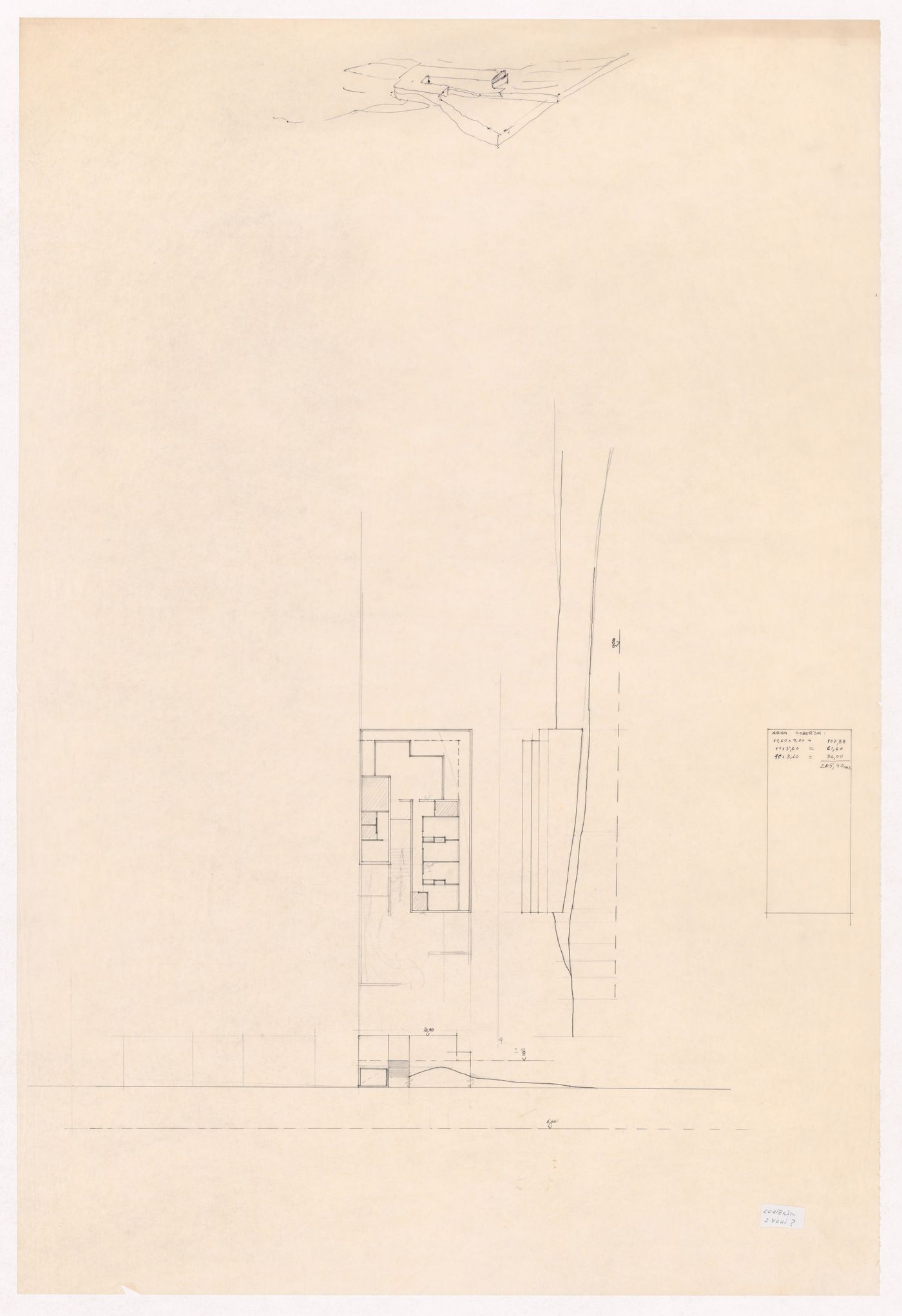 Plan, elevations and sketch perspective for Carlos Vale Guimarães house, Aveiro, Portugal