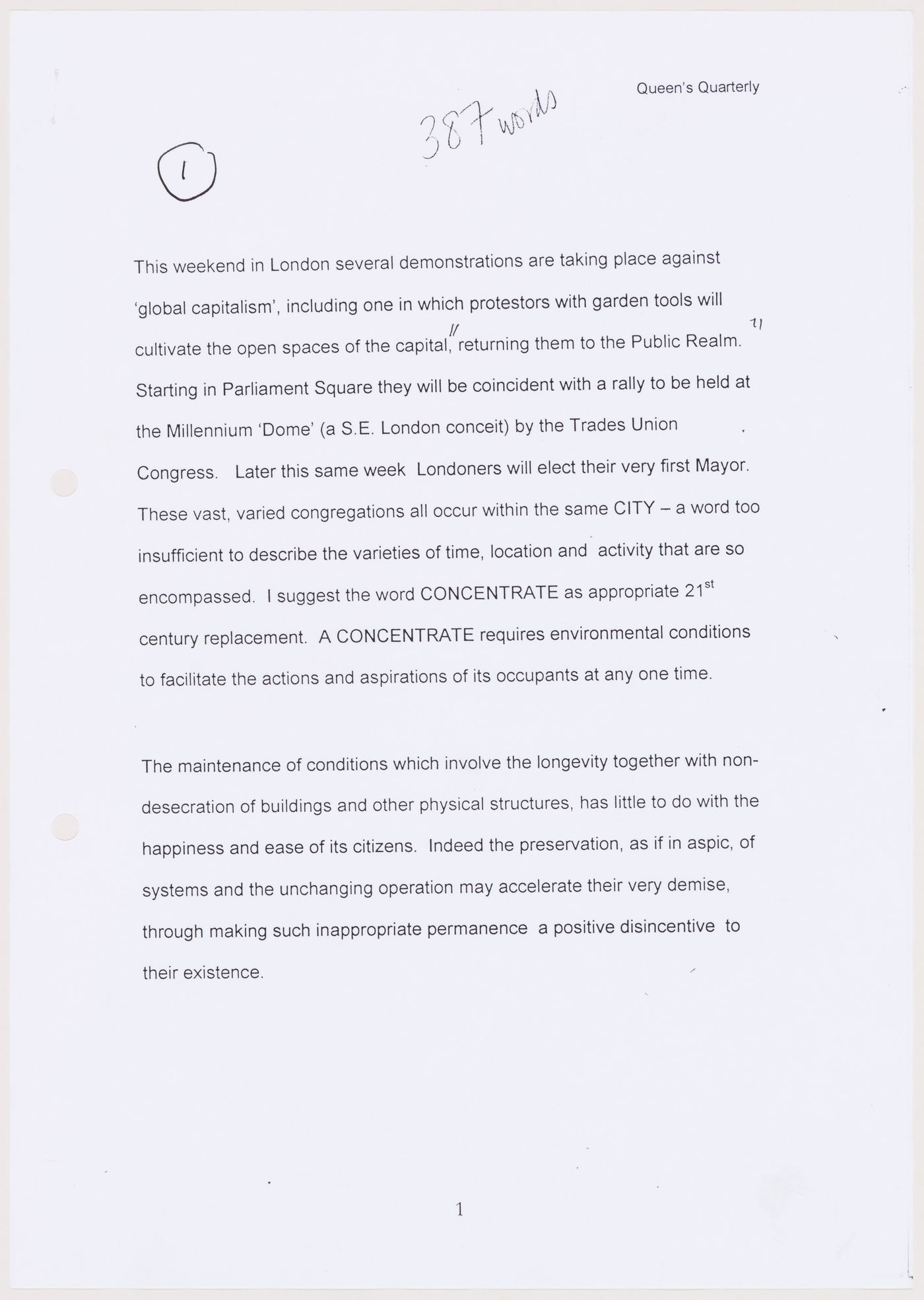 Draft text proposing the term "concentrate" as an alternative to the term "city"--from the project file "Venic"