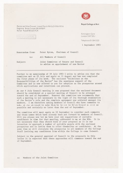 Memorandum for the appointment of new Rector from Peter Byrom to all members of Council, Royal College of Art, London