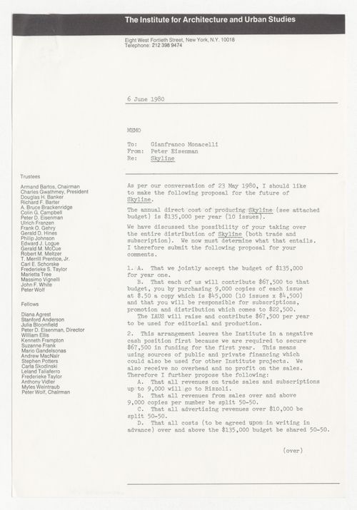 Memorandum from Peter D. Eisenman to Gianfranco Monacelli about a proposal for the future of Skyline