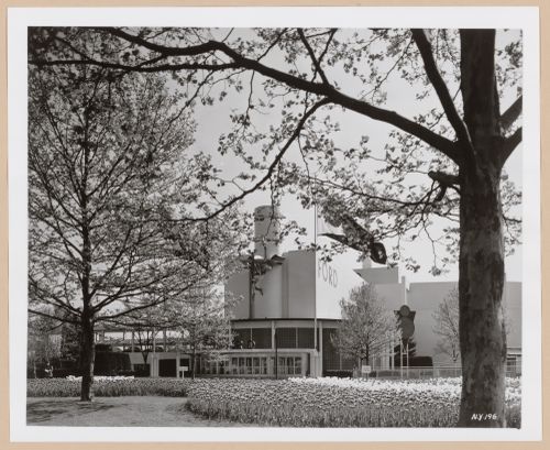 View of an entrance to the Ford Motor Company pavilion showing the sculpture of Mercury, 1939-1940 New York World's Fair, New York City, New York