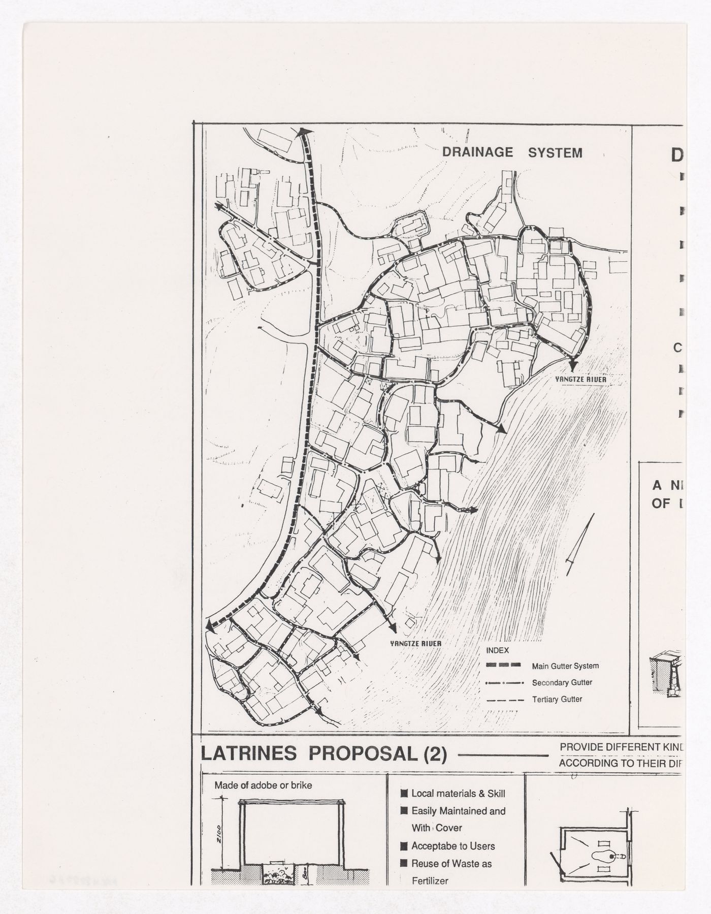 Plan of drainage system and detail of latrine proposal for the Sichuan housing project for "Housing a Billion: Village Upgrading: Jianlu, China" publication