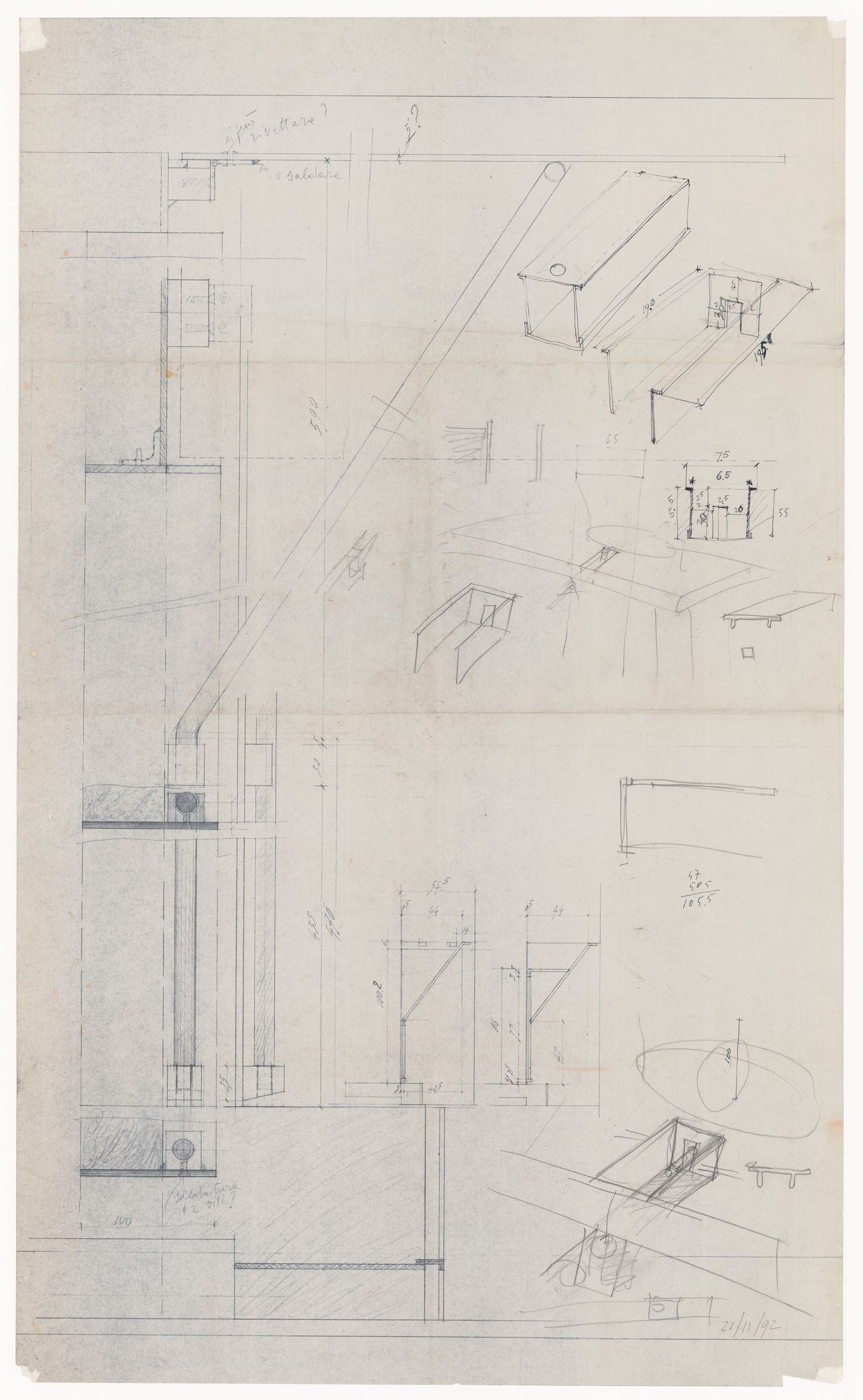 Furnishings details with sketches for Casa Riva, Ghiffa, Italy