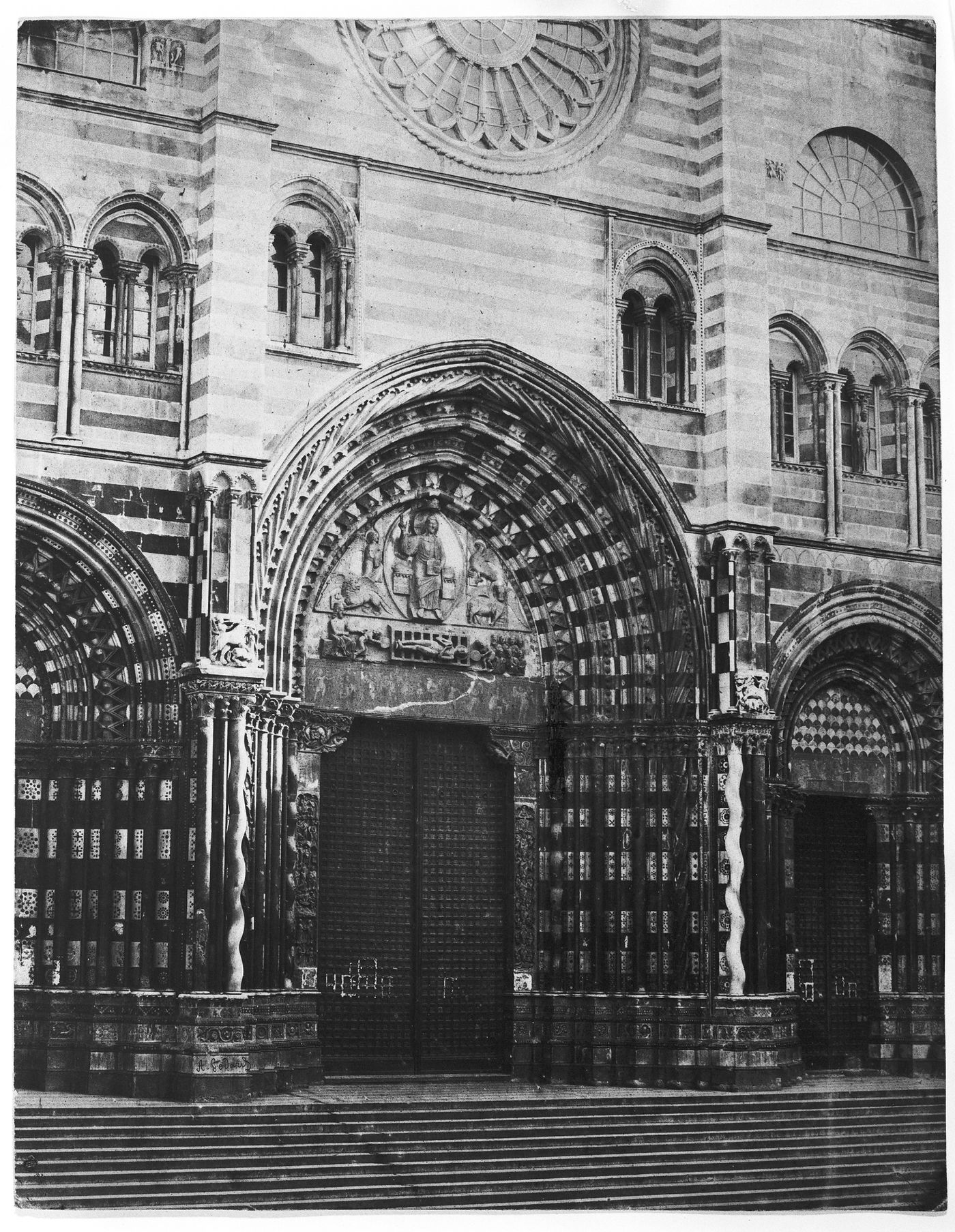 Partial view of the façade of the Cattedrale Metropolitana di San Lorenzo, Genoa