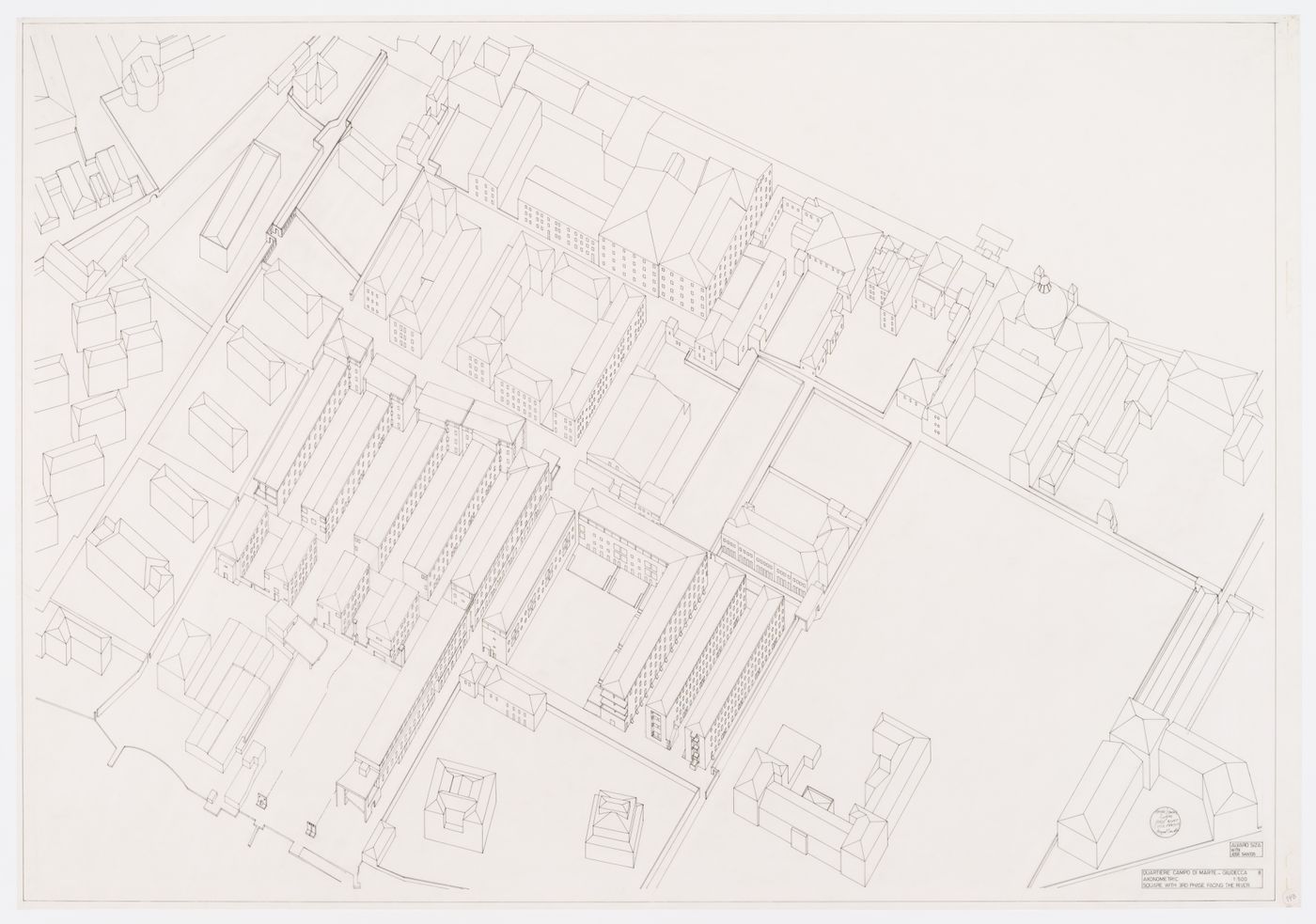 Axonometric view of square and third phase facing the river, Recuperação da Área do Campo di Marte, Giudecca, Venice