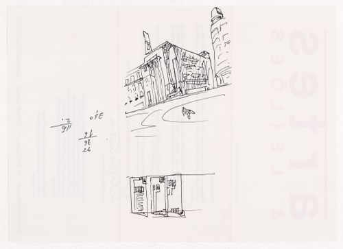 Sketch perspective and sketch floor plan for Remodelação do Cinema Condes, Lisbon, Portugal; verso: Letter from Marie-Thérèse Abecassis of magazine Artes & Leilões