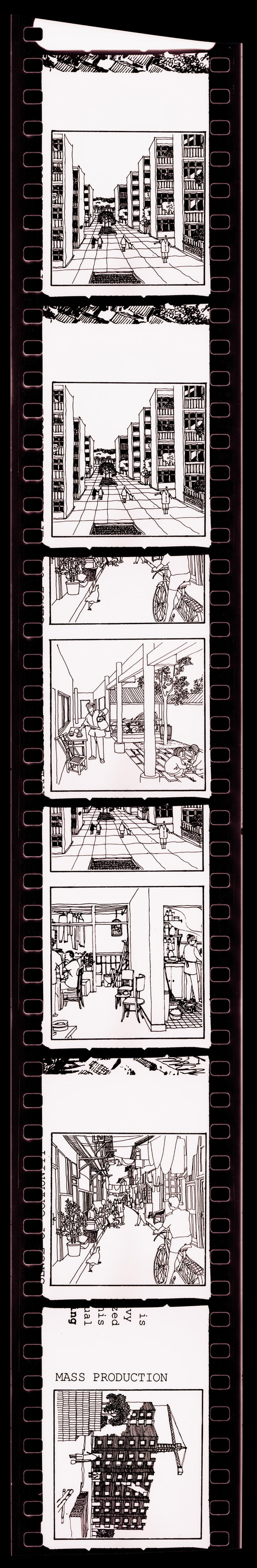 Negative strip of illustrations for the publication "Housing a Billion: Urban Upgrading: Design Ideals for Rural China" publication