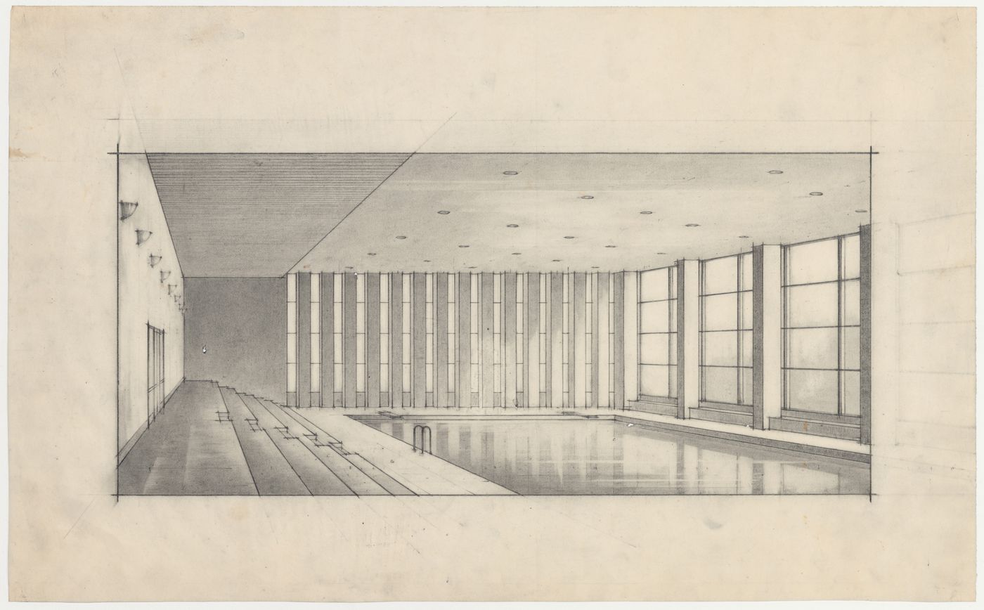 Perspective de la piscine, Centre récréatif du Parc Jarry, Montréal, Canada (1952-1960)