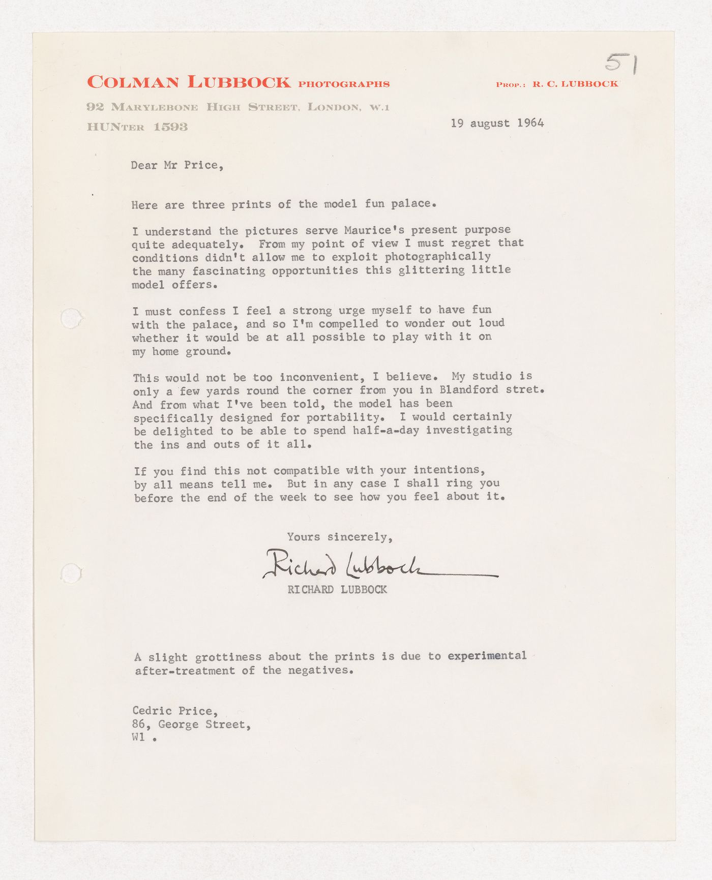 Letter from Richard Lubbock of Colman Lubbock Photographs to Cedric Price regarding photos of the Fun Palace model