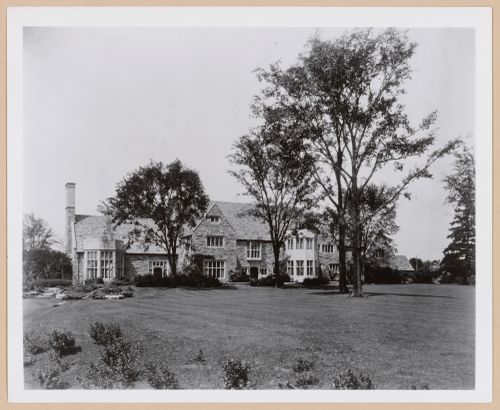 View of the rear [?] façade of the Alvan T. Macauley house, Lake Shore Road, Grosse Pointe Shores, Michigan