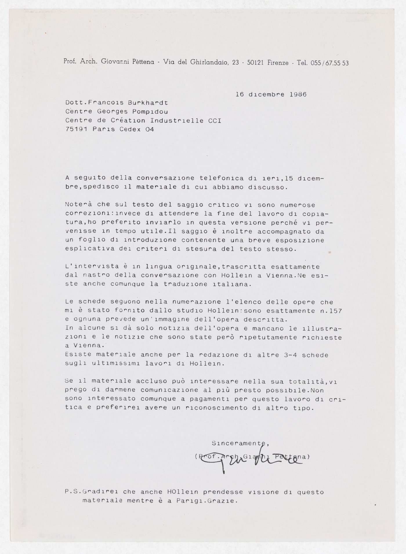 Correspondence from Gianni Pettena to the Georges Pompidou Centre for the exhibition Hans Hollein. Opere 1960-1988