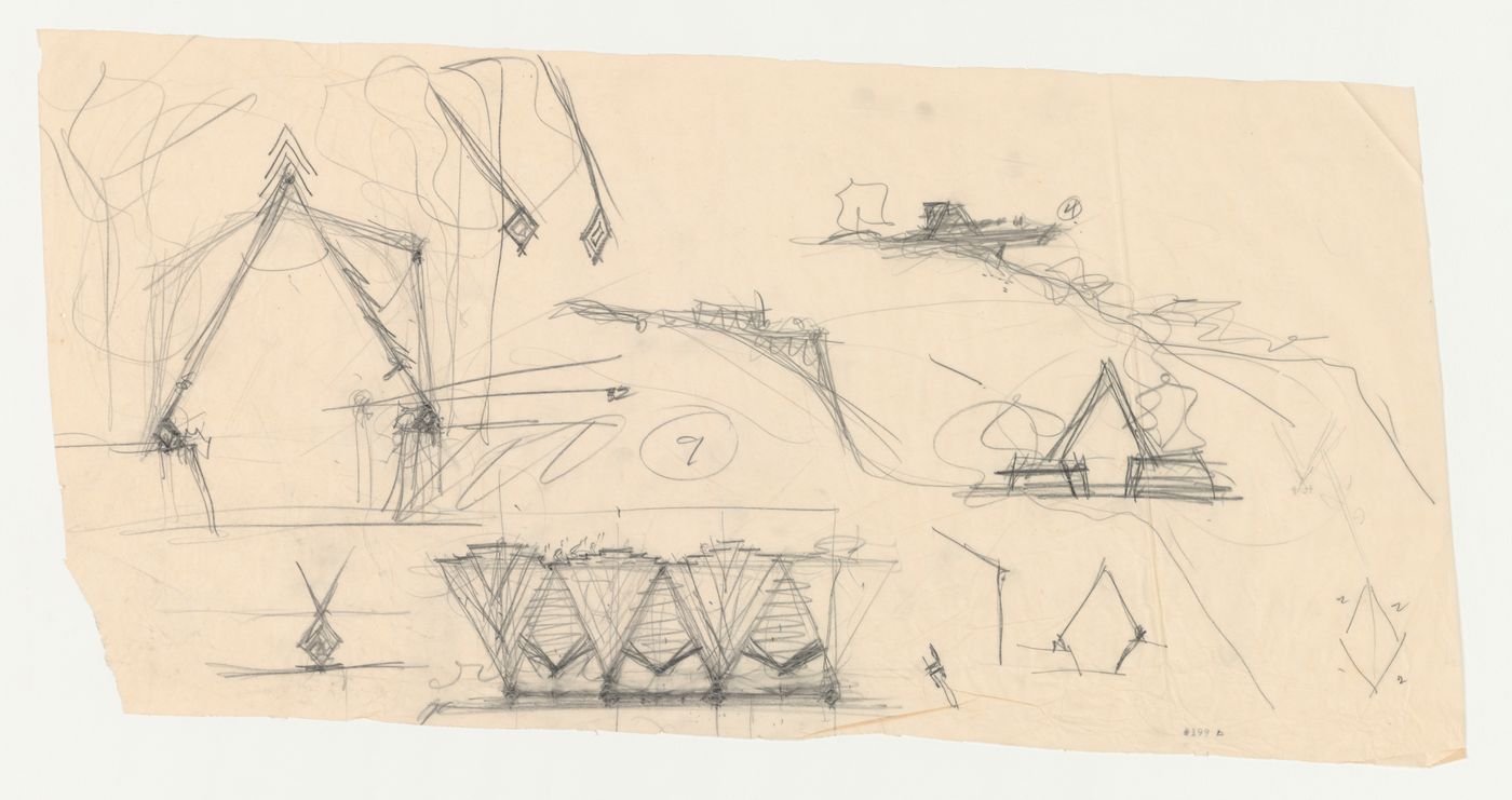 Sketch elevations for a chapel, based on the Wayfarers' Chapel design