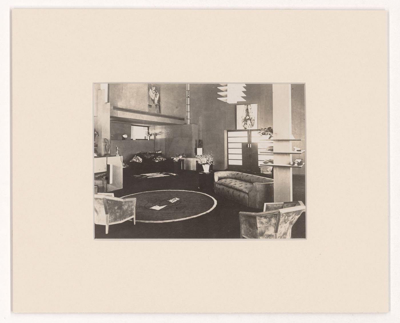 Interior view of set for the film Le Vertige by Marcel L'Herbier, showing the living room, France
