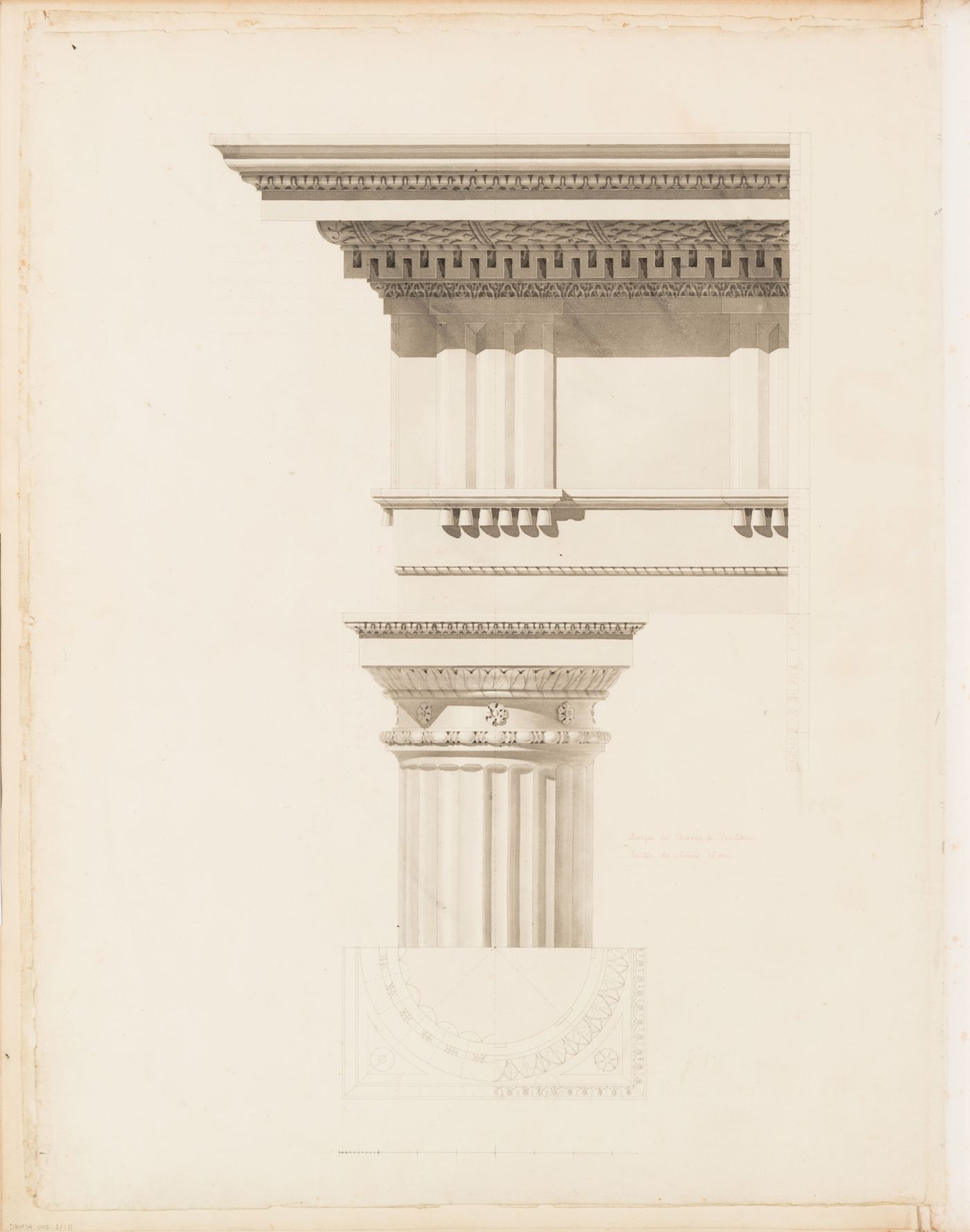 Elevation of a Doric shaft, capital, and entablature from the Terme di Diocleziano, Rome, with plan details of the capital