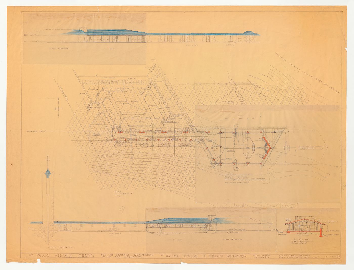 Wayfarers' Chapel, Palos Verdes, California: Plan, elevations, and sections for cloister and parish house, including flaps showing an alternate design