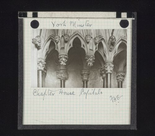 View of canopy with sculptures and capitals in Chapter House of York Minster, York, North Yorkshire, England