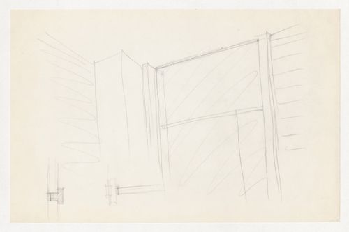 Interior perspective sketch showing column, window mullion and wall connections, and sketch sectional details for the Metallurgy Building, Illinois Institute of Technology, Chicago