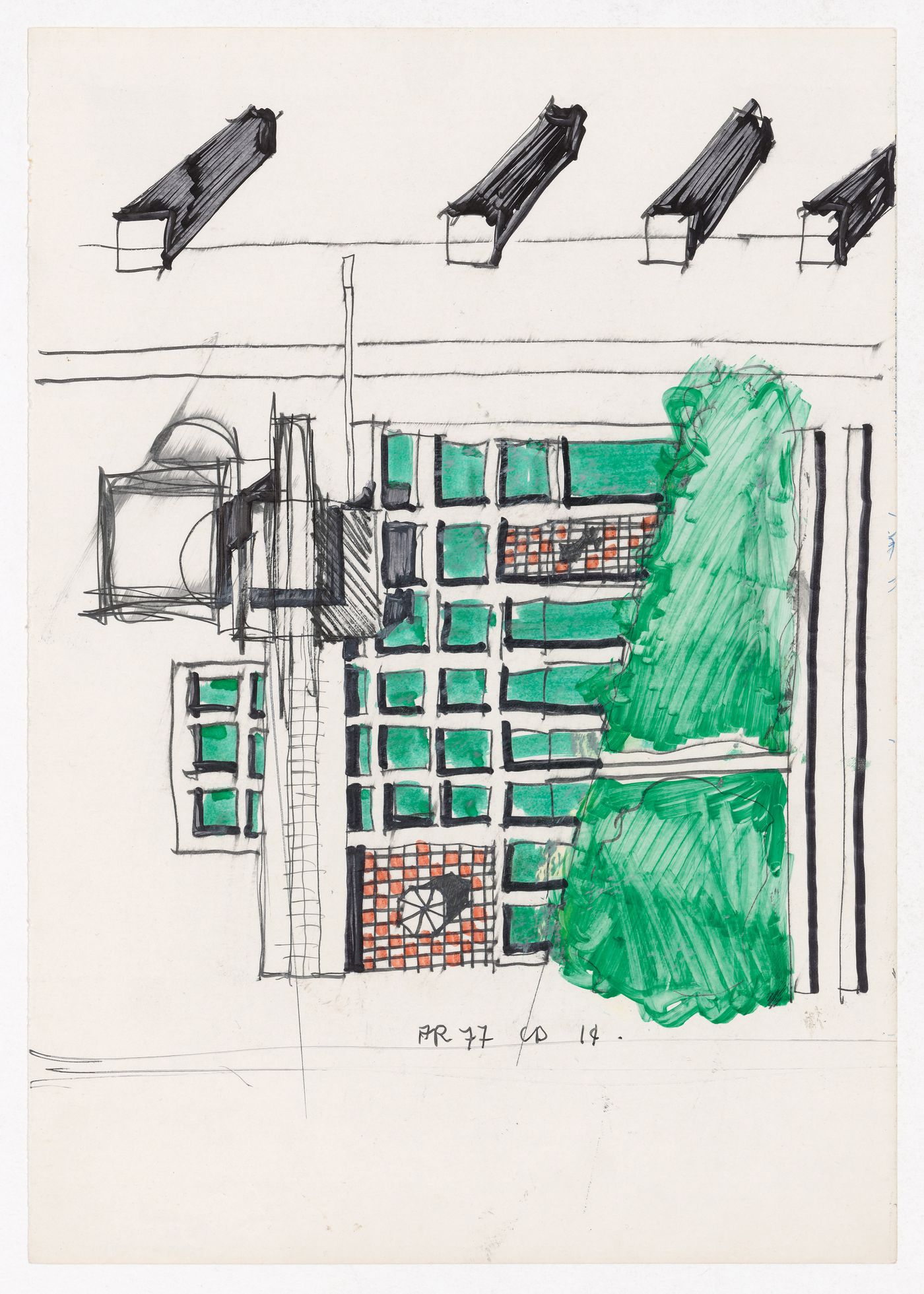 Sketch axonometric and sketch plan for Centro Direzionale, Florence