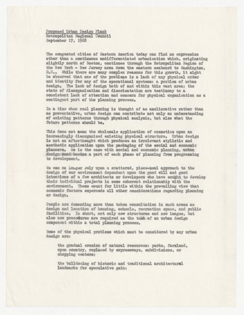 Memorandum from Alexander Caragonne to Rodman Davis with attached proposal for Urban Design Plank for Metropolitan Regional Council