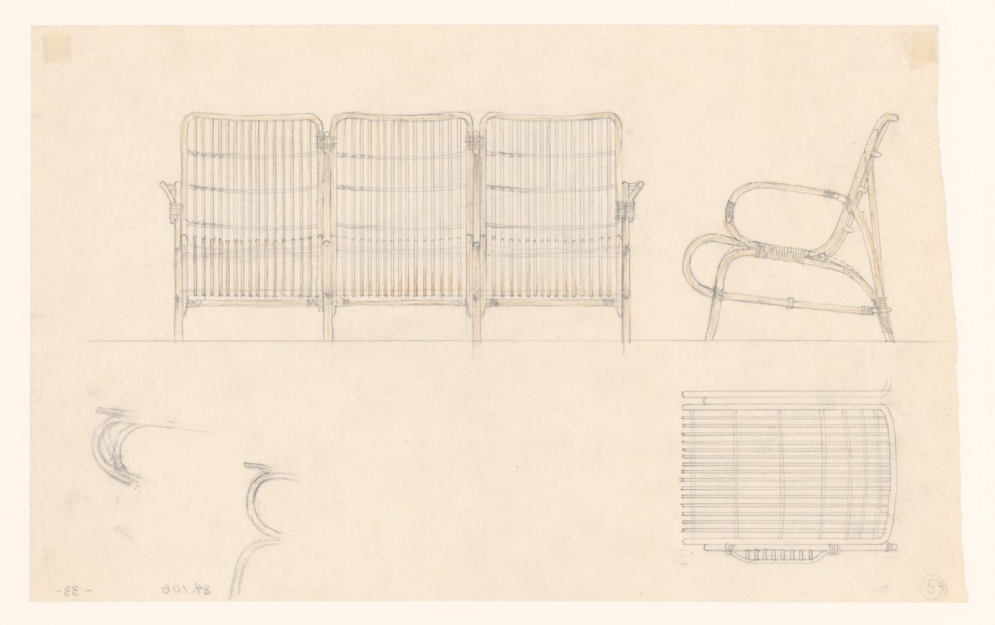 Elevations, a plan and details for three cane chairs, Göteborgs rådhusets tillbyggnad [courthouse annex], Göteborg, Sweden