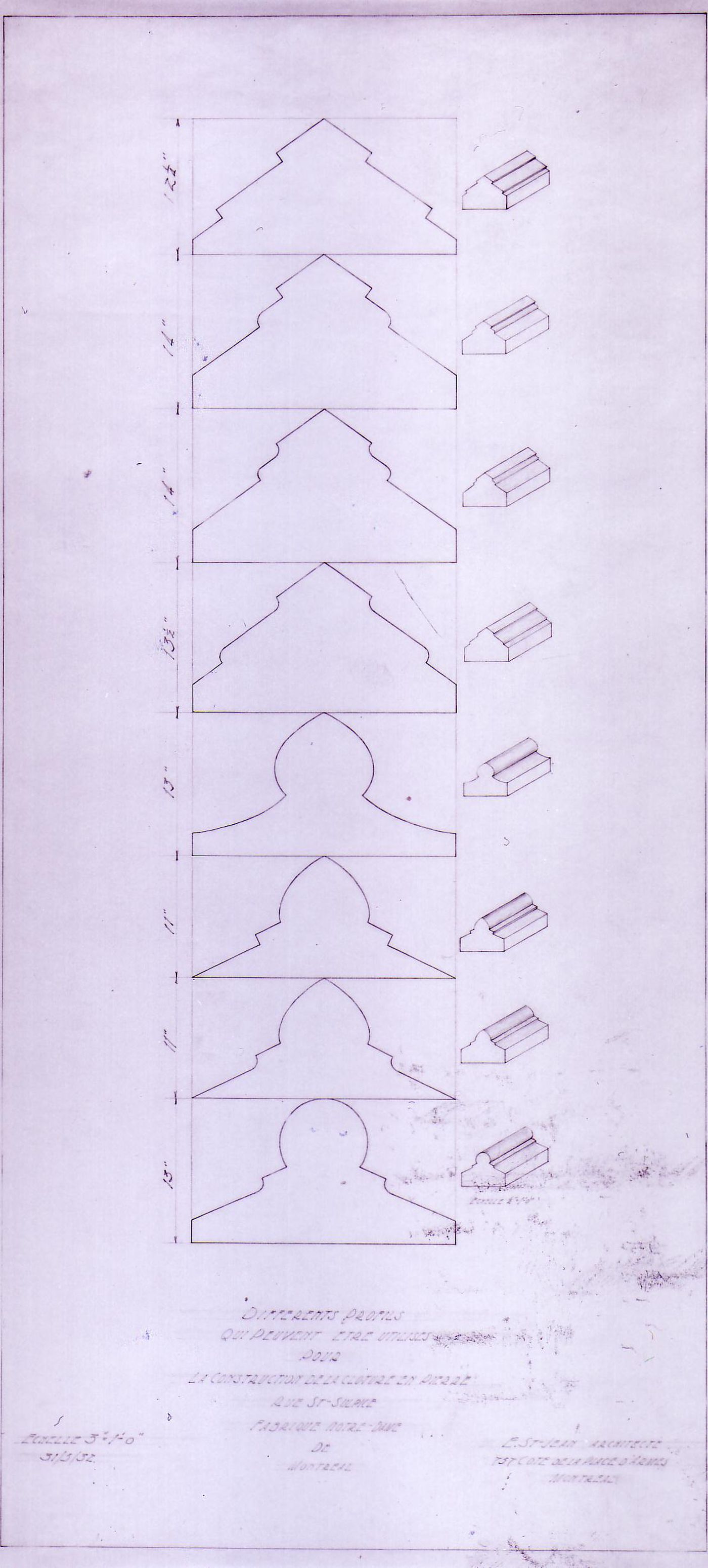 Elevations and axonometric views for details for a stone fence for Notre-Dame de Montréal, apparently for the renovations of 1929-1949, rue Saint-Sulpice