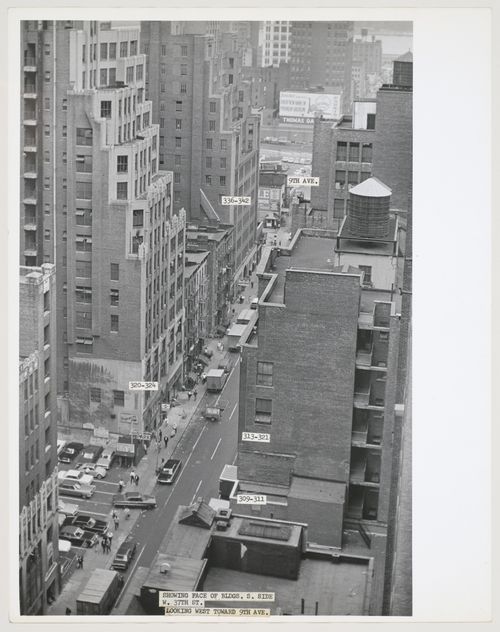 Aerial view of buildings and traffic on West 37th Street, Manhattan, New York City, New York