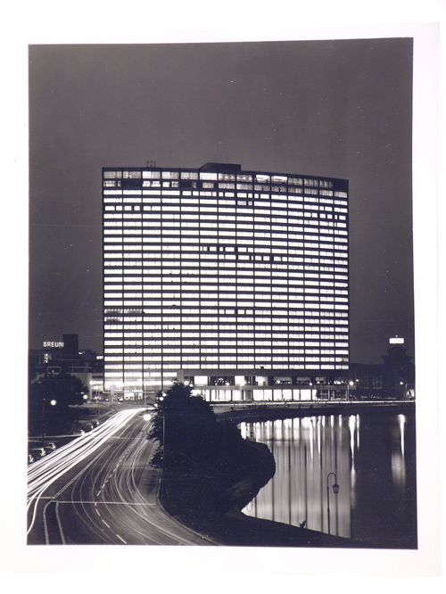 General view of the illuminated Kaiser Center building at night, Oakland, California, United States