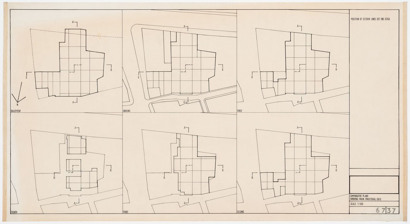 Comparative plans showing main structural grid for Oxford Corner House, London, England