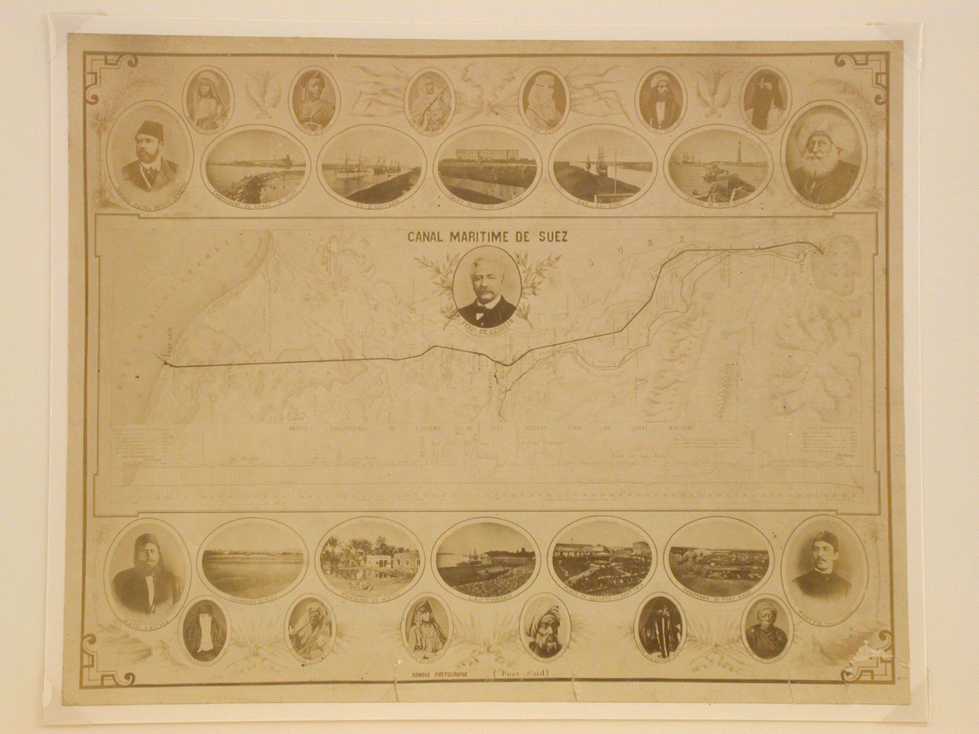 Canal Maritime de Suez: map of route of Suez Canal, and views of principal points along the route, local Egyptian officials and major figures of the canal constuction, Suez, Egypt